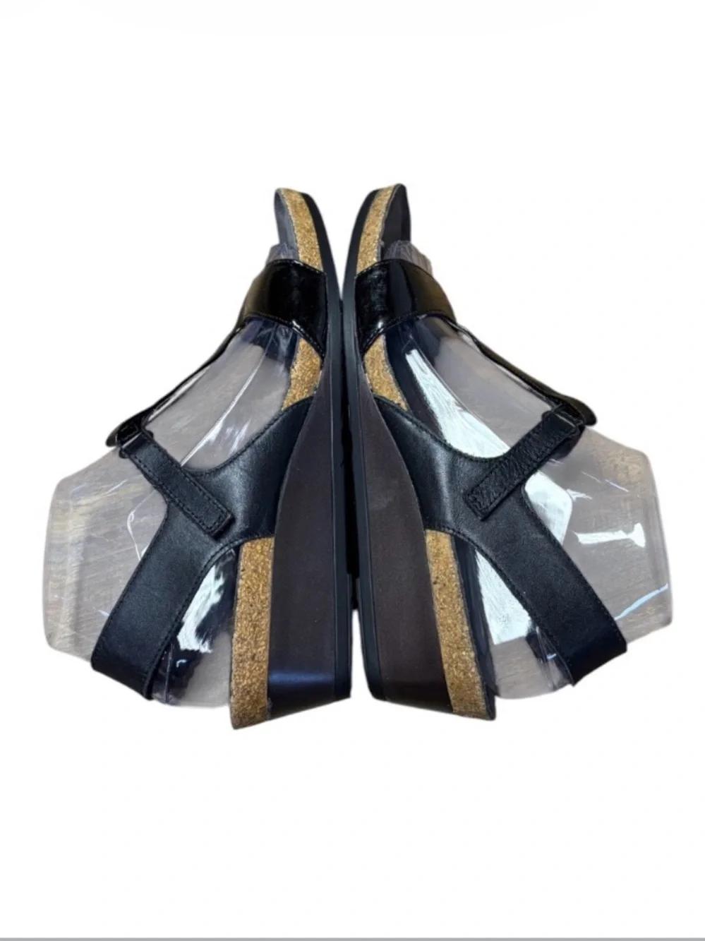 Naot Leather T-Strap Wedge Sandals Womens EU 39 US 8 Black Comfort Heel